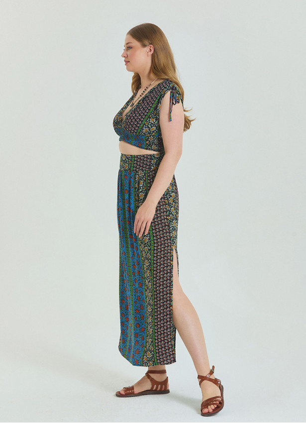 Navy Blue Plus Size Skirt with Elastic Waist and Slit 4625